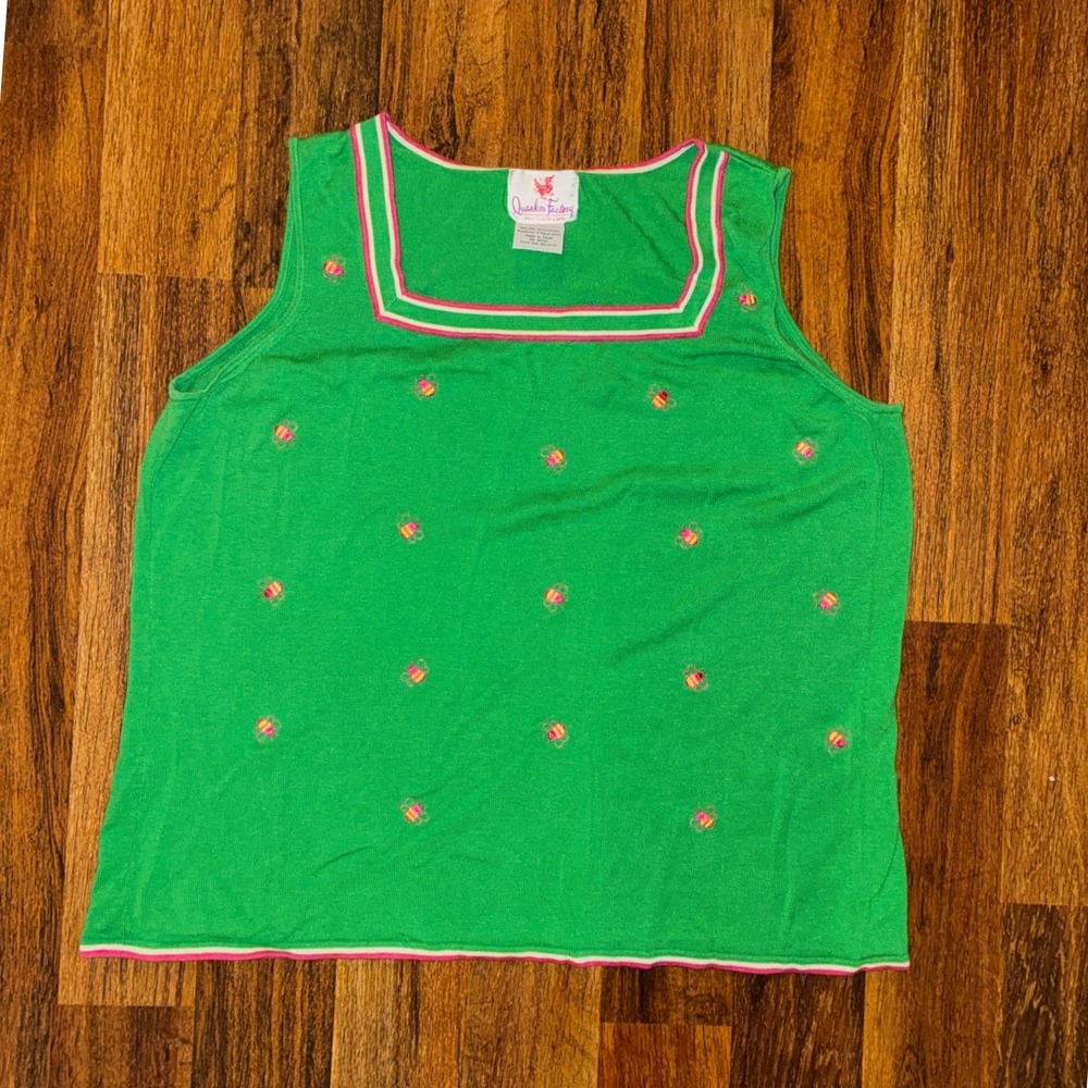 Quacker Factory Green Silk Cotton Knit Tank Top Embroidered Bees Plus 1X